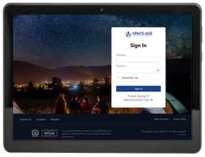 SA-Internet-Banking-Tablet-Isolated-web Tablet with the Login screen for Space Age's NEW Internet platform on it.
